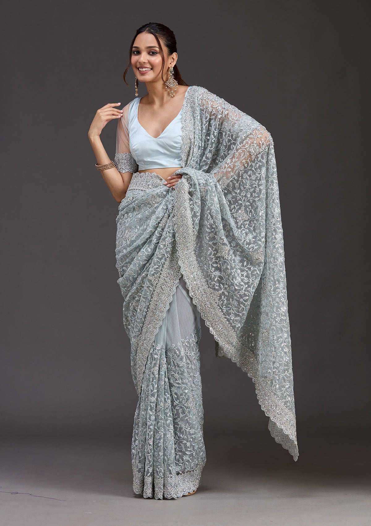 Sky Blue Stonework Chiffon Saree-koskii