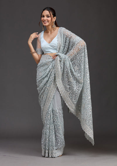 Sky Blue Stonework Chiffon Saree-koskii