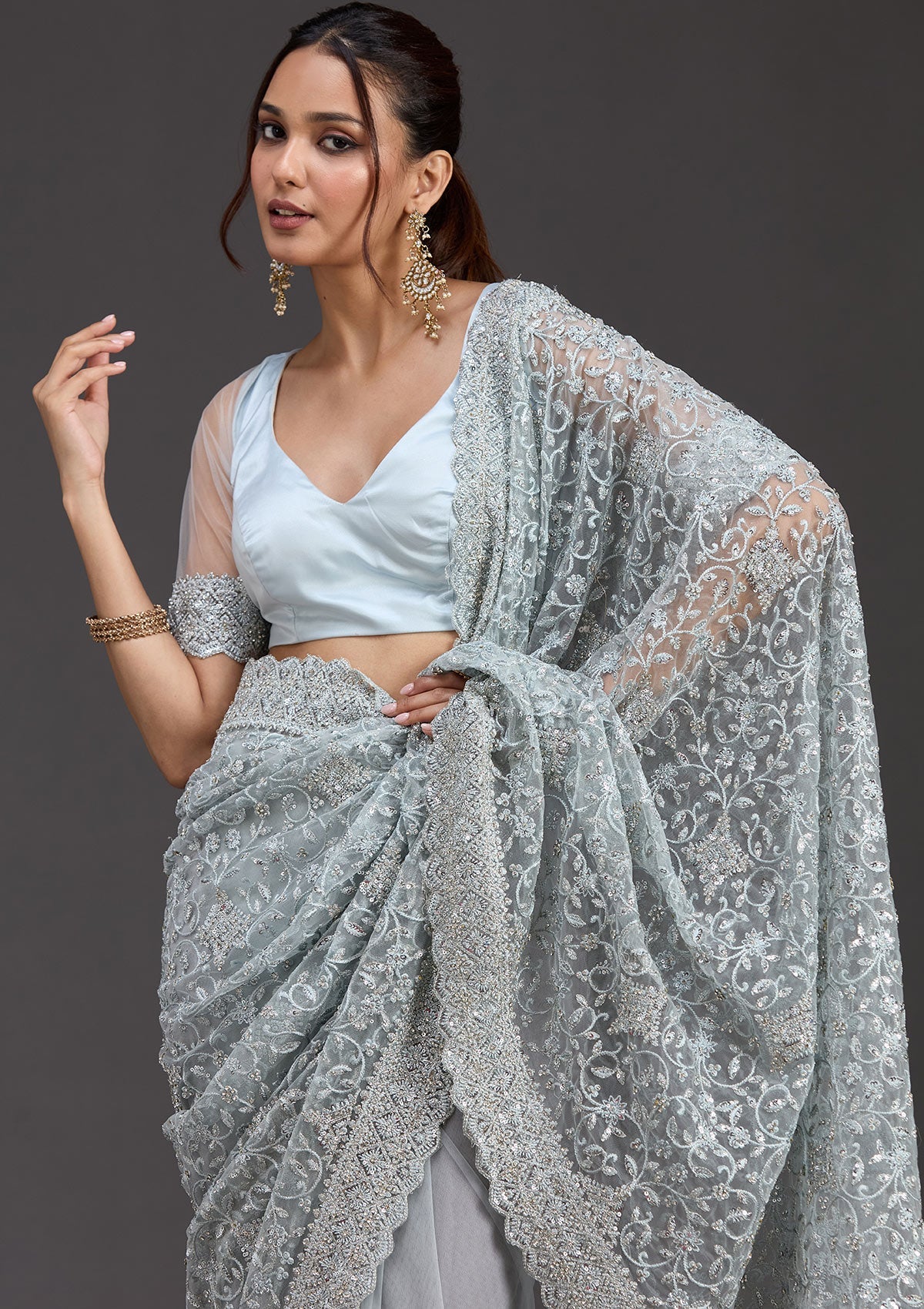 Sky Blue Stonework Chiffon Saree-koskii