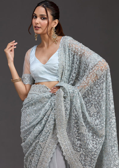 Sky Blue Stonework Chiffon Saree-koskii