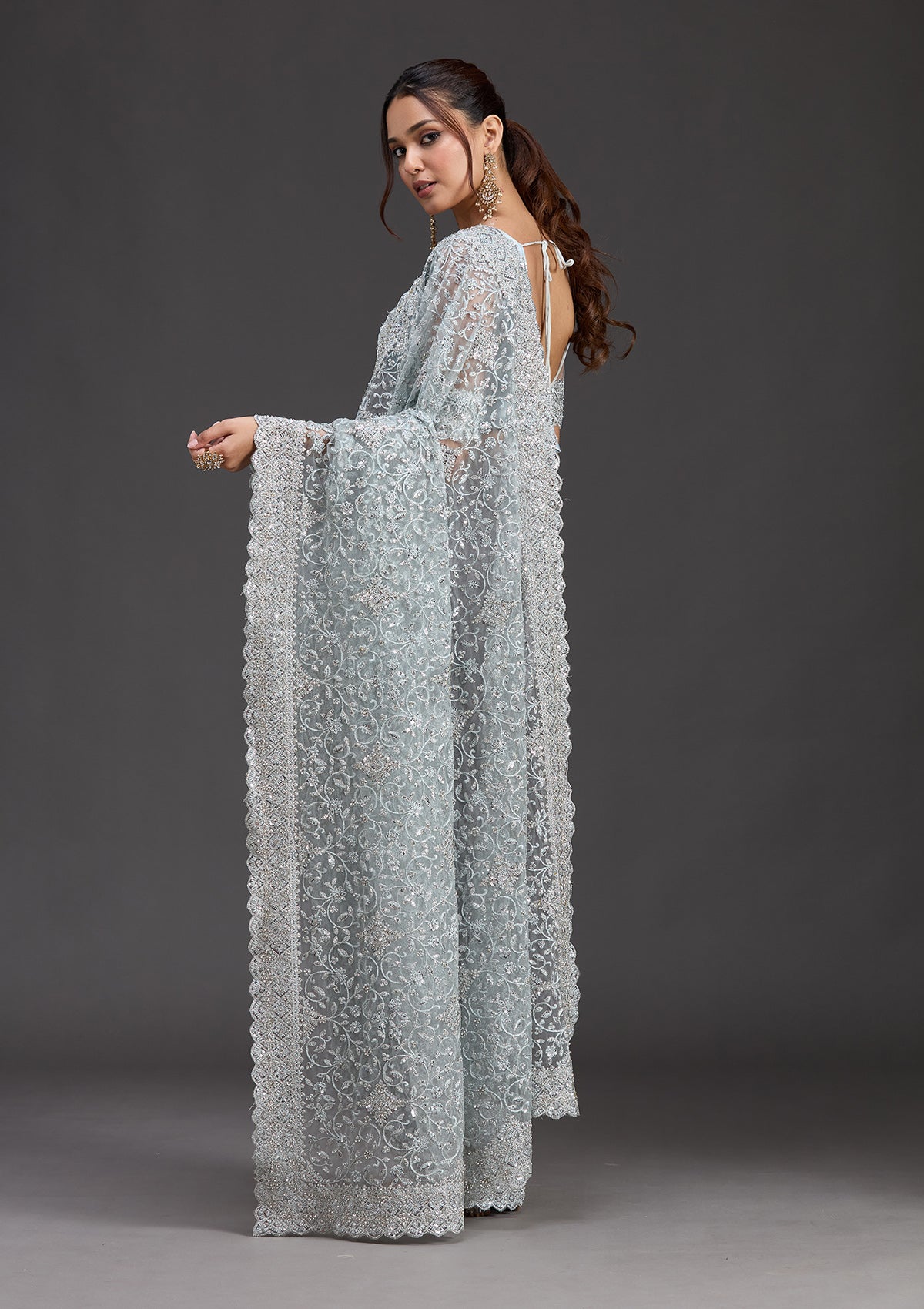Sky Blue Stonework Chiffon Saree-koskii