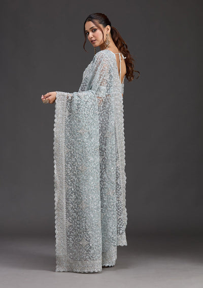 Sky Blue Stonework Chiffon Saree-koskii