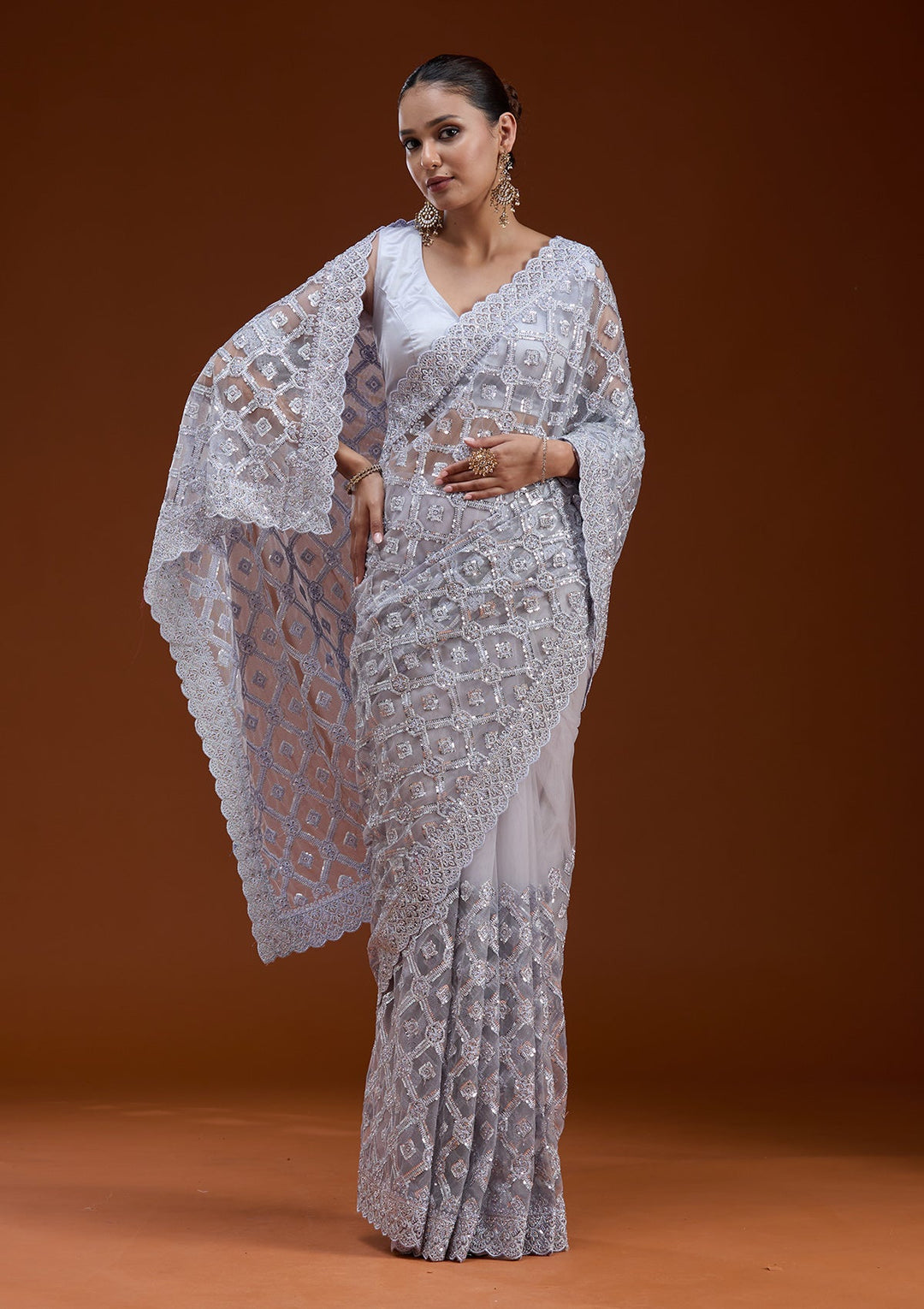 Lavender Stonework Chiffon Saree-koskii