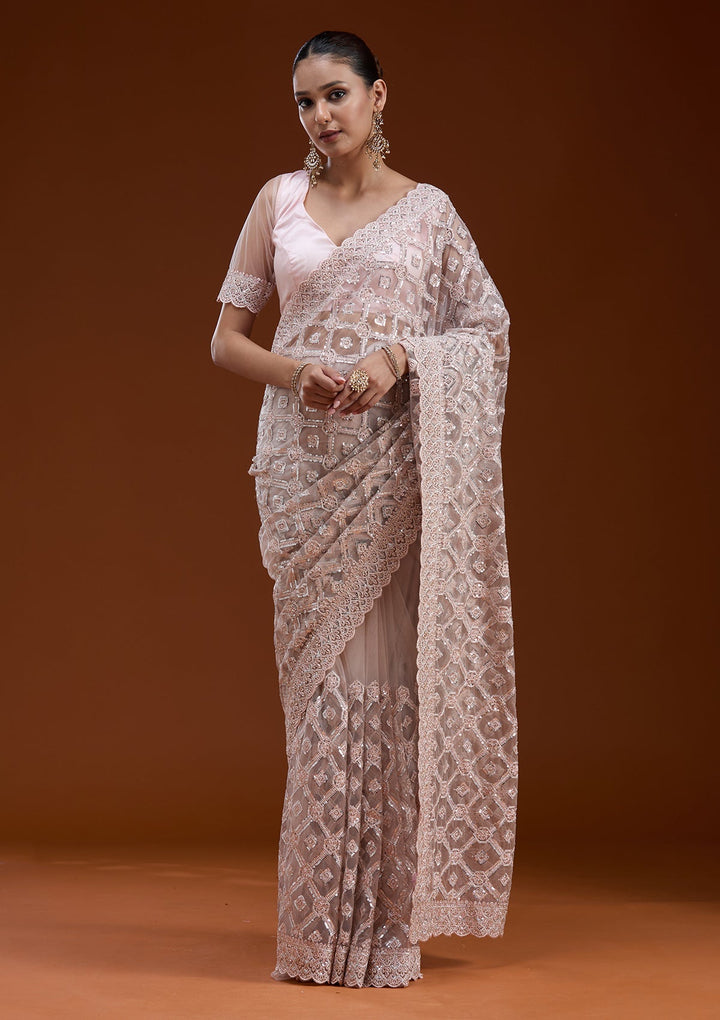 Peach Stonework Chiffon Saree-koskii