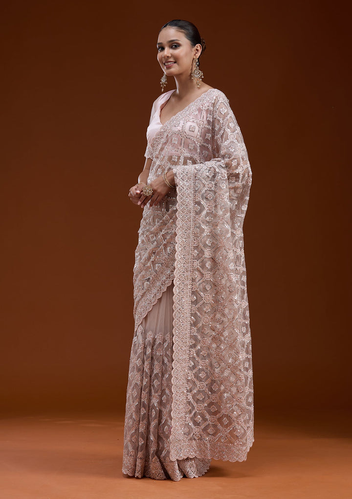 Peach Stonework Chiffon Saree-koskii