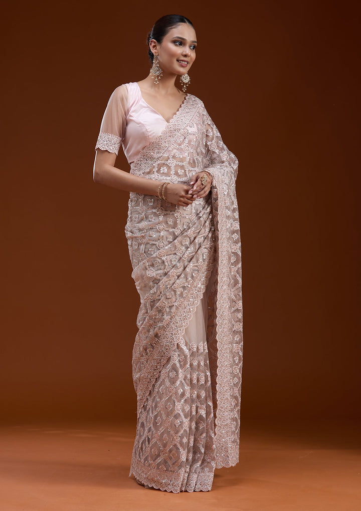 Peach Stonework Chiffon Saree-koskii