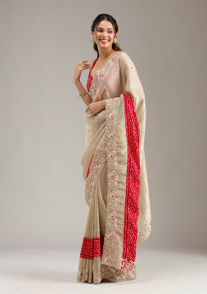 Beige Pearlwork Net Readymade Lehenga-koskii