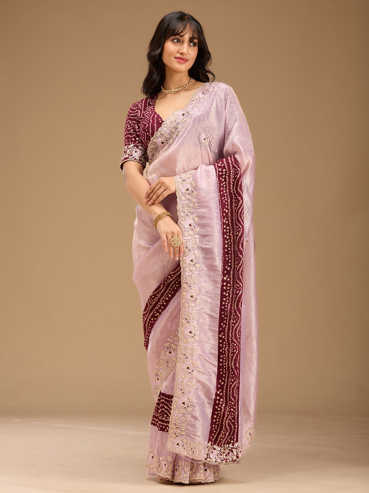 Lavender Zariwork (Gold) Tissue Saree-Koskii