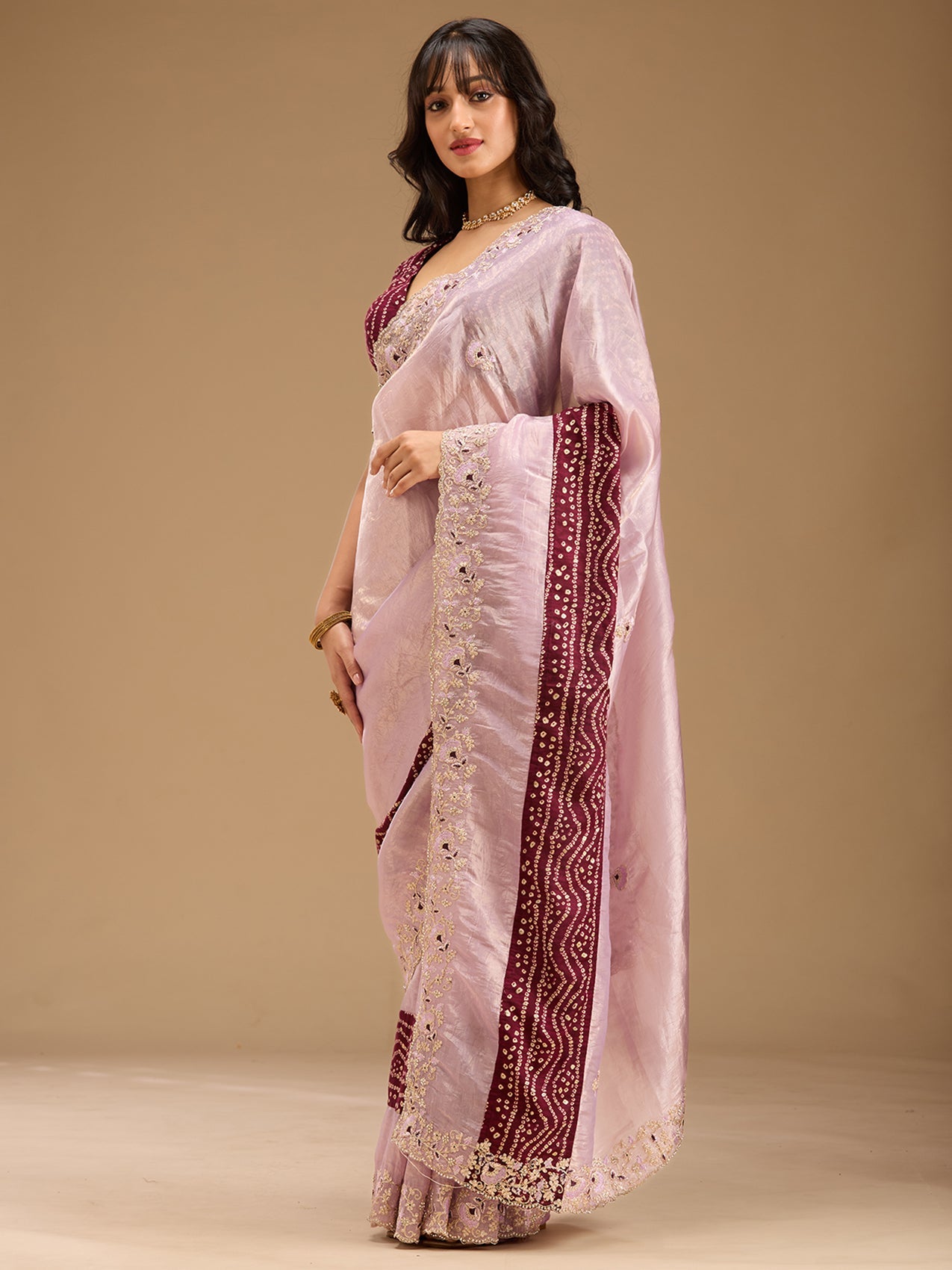 Lavender Zariwork (Gold) Tissue Saree-Koskii