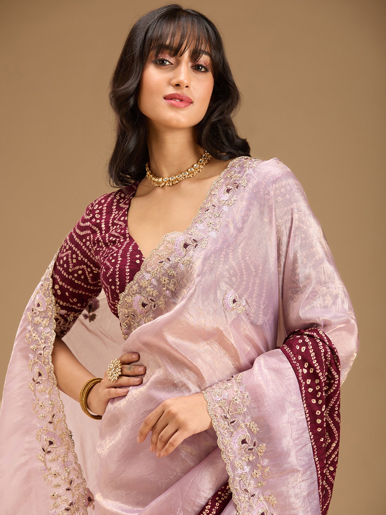 Lavender Zariwork (Gold) Tissue Saree-Koskii