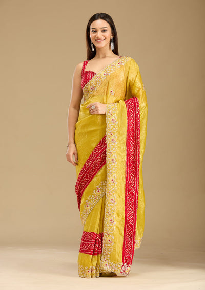 Mustard Zariwork (Gold) Tissue Saree-Koskii