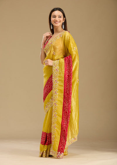 Mustard Zariwork (Gold) Tissue Saree-Koskii