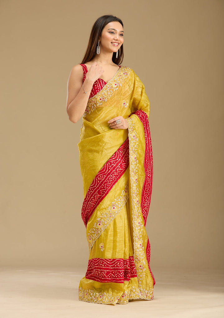 Mustard Zariwork (Gold) Tissue Saree-Koskii