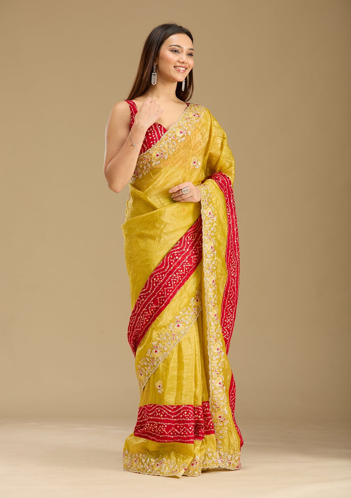 Mustard Zariwork (Gold) Tissue Saree-Koskii