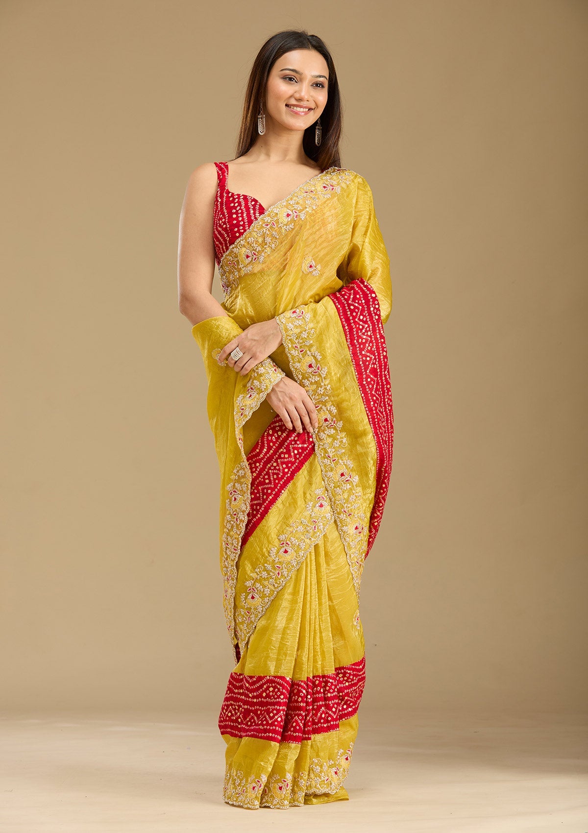 Mustard Zariwork (Gold) Tissue Saree-Koskii