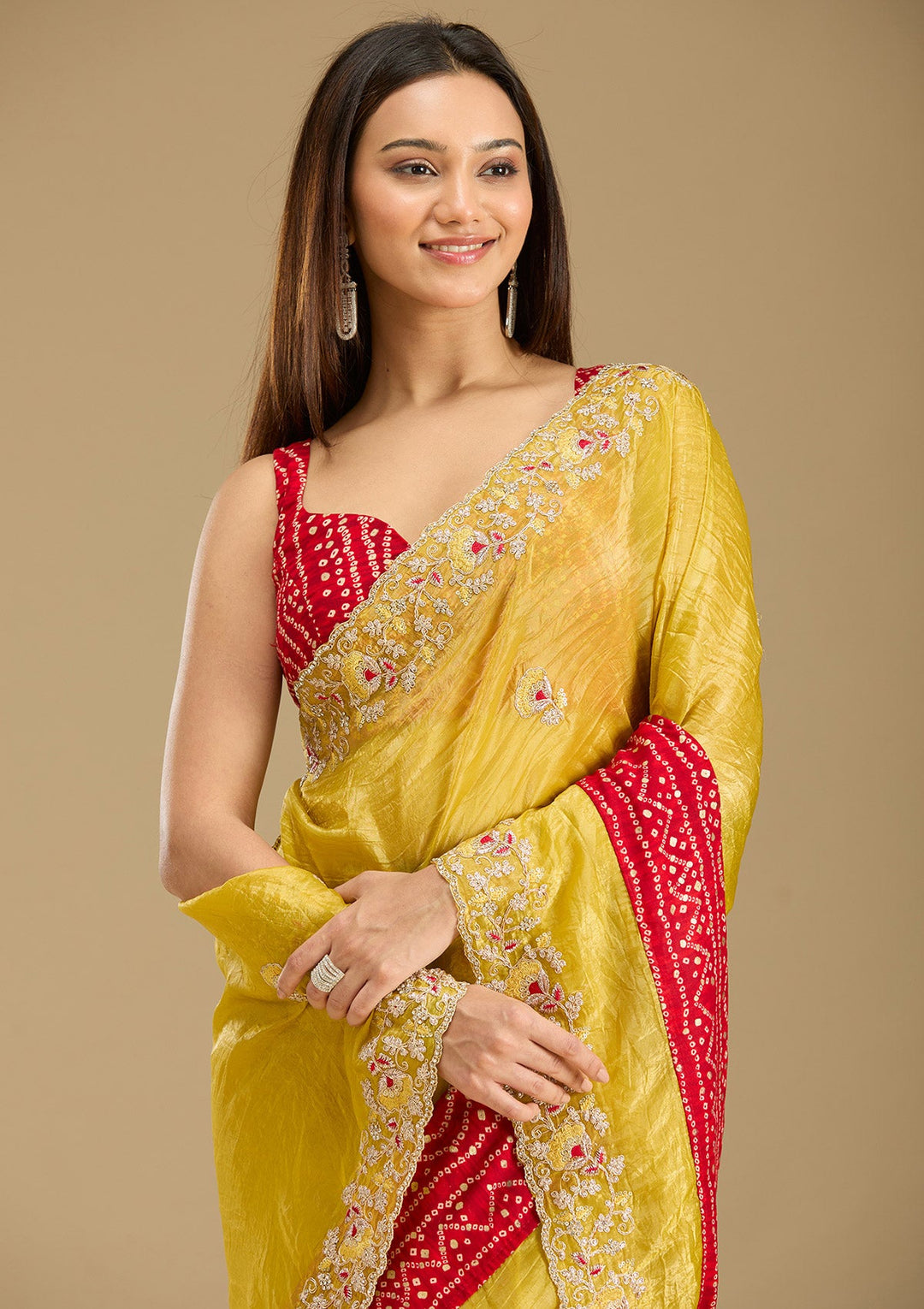 Mustard Zariwork (Gold) Tissue Saree-Koskii