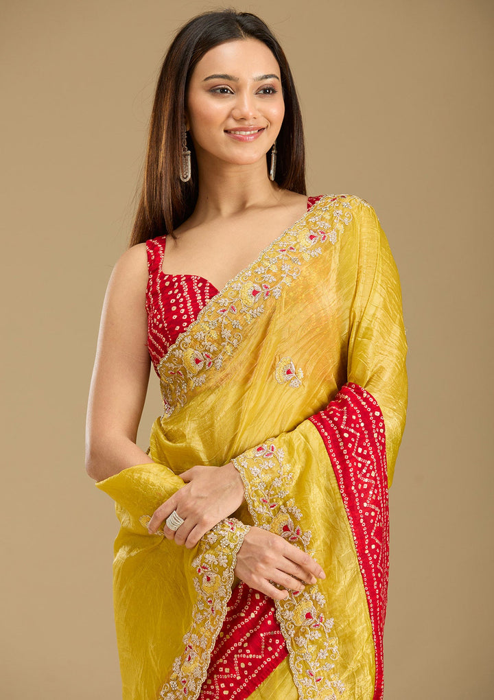 Mustard Zariwork (Gold) Tissue Saree-Koskii
