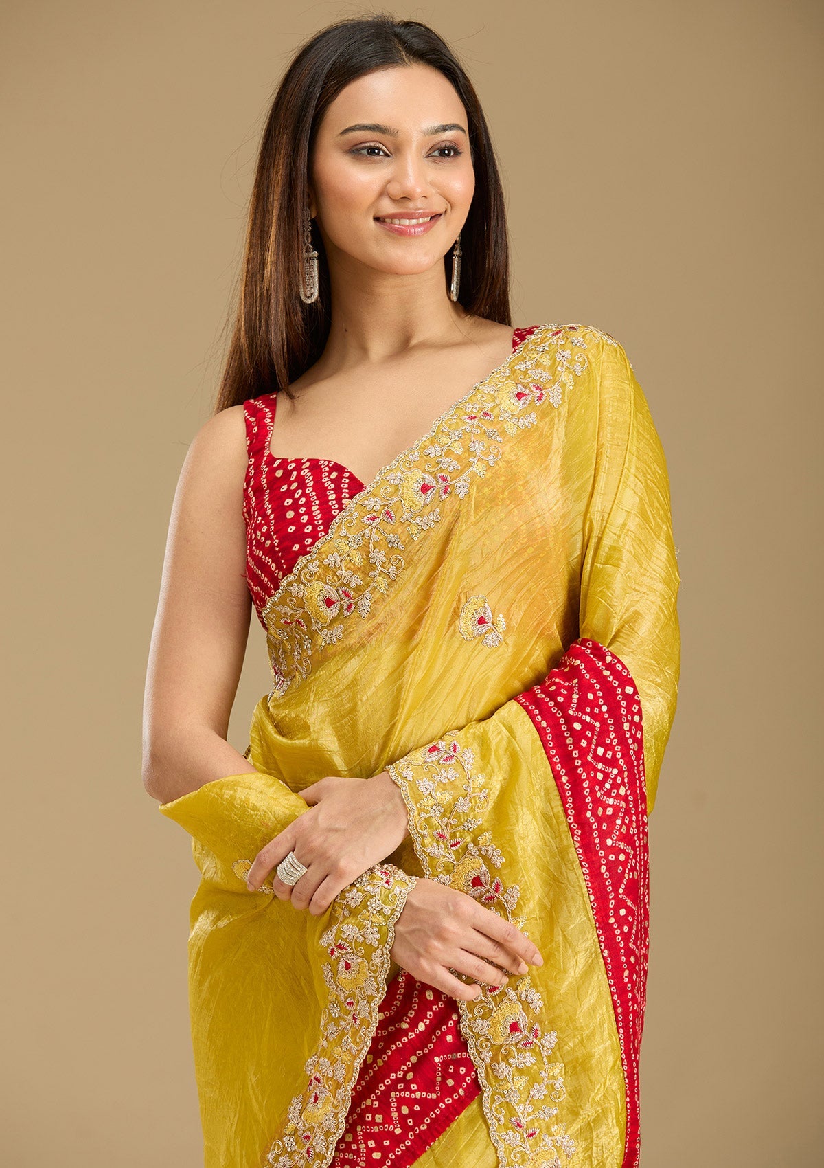 Mustard Zariwork (Gold) Tissue Saree-Koskii