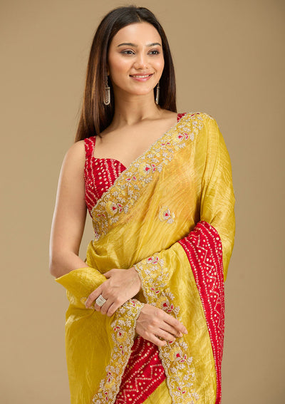 Mustard Zariwork (Gold) Tissue Saree-Koskii