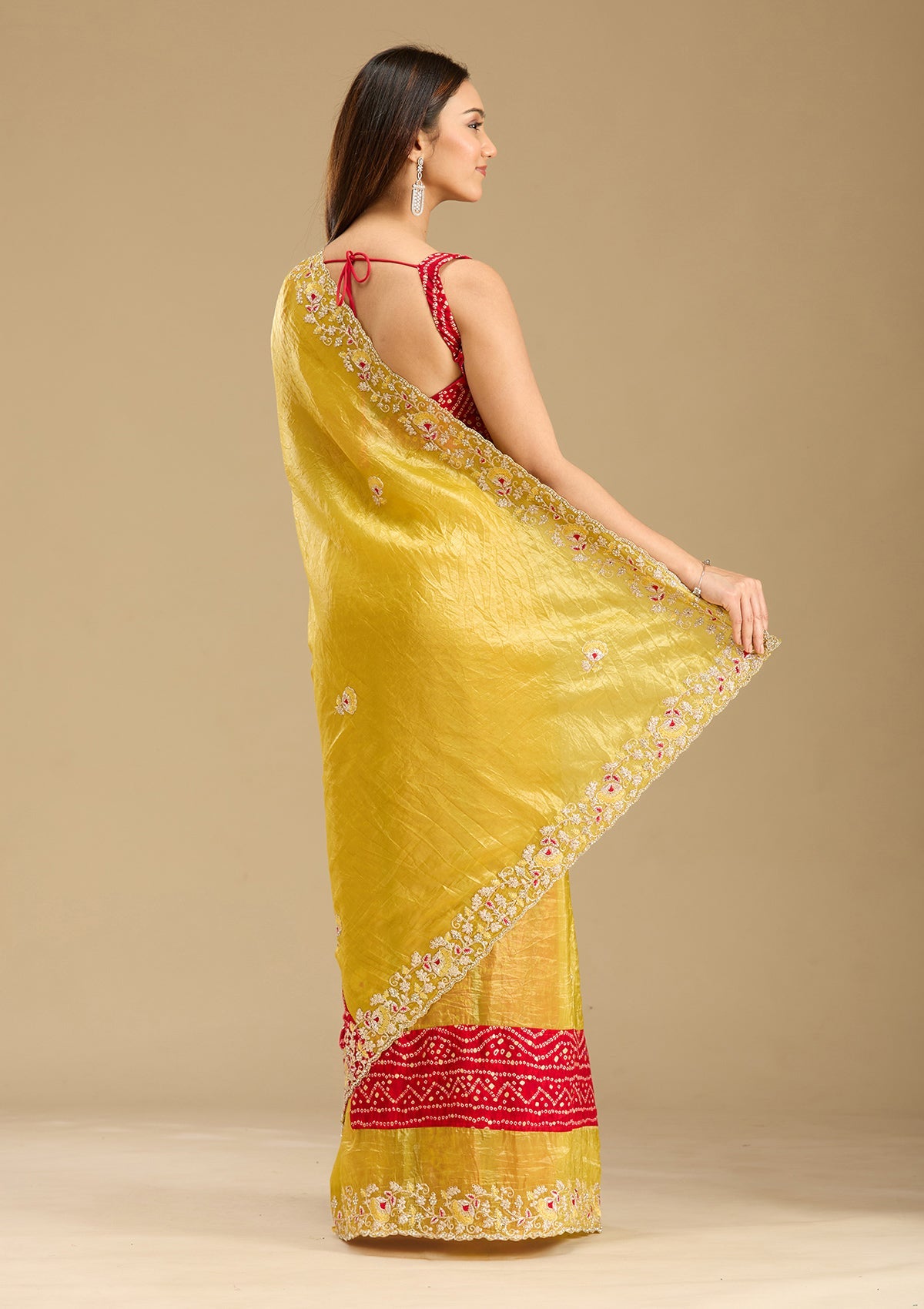 Mustard Zariwork (Gold) Tissue Saree-Koskii
