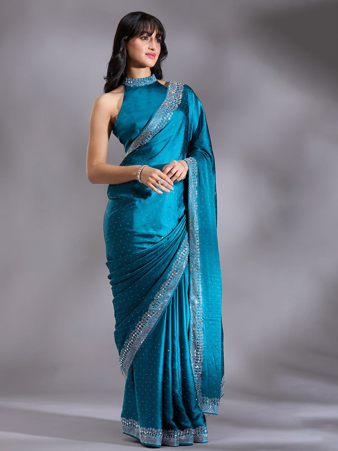 Peacock Blue Stonework (Silver) Satin Saree-Koskii