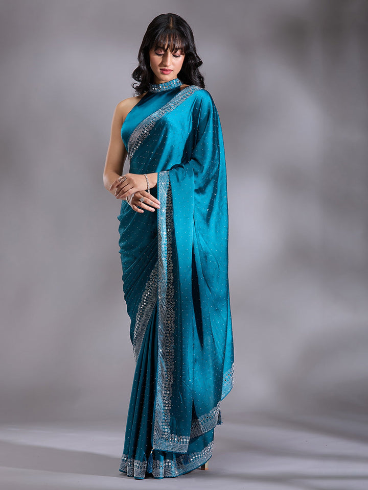 Peacock Blue Stonework (Silver) Satin Saree-Koskii