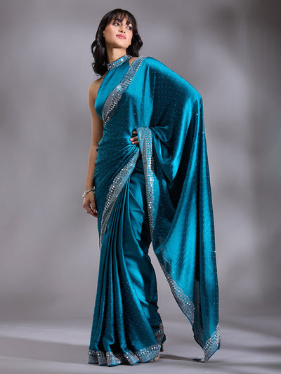 Peacock Blue Stonework (Silver) Satin Saree-Koskii