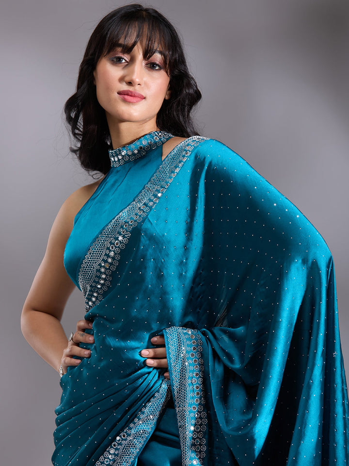 Peacock Blue Stonework (Silver) Satin Saree-Koskii