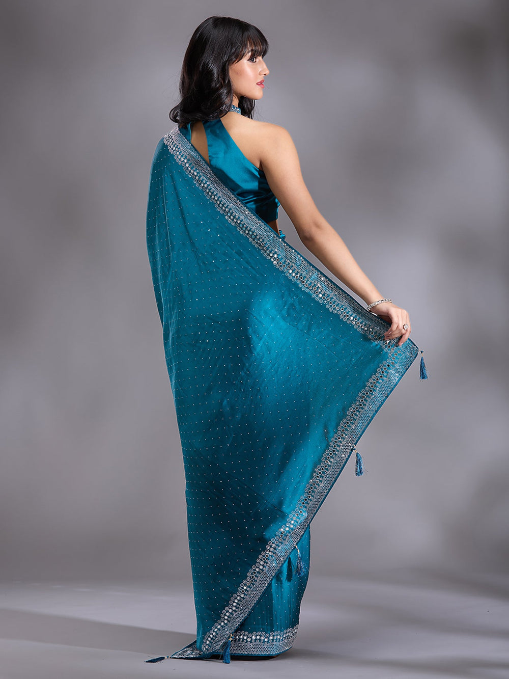Peacock Blue Stonework (Silver) Satin Saree-Koskii