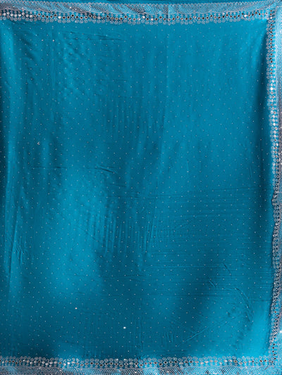Peacock Blue Stonework (Silver) Satin Saree-Koskii