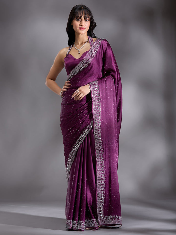 Purple Stonework (Silver) Satin Saree-Koskii