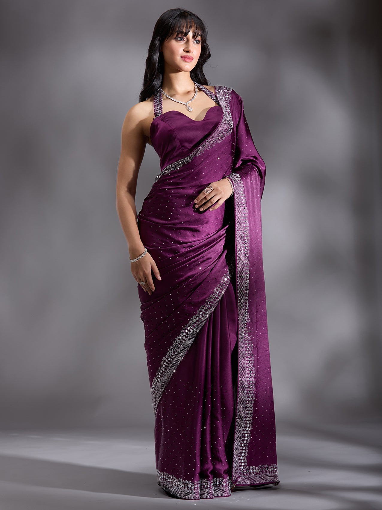 Purple Stonework (Silver) Satin Saree-Koskii
