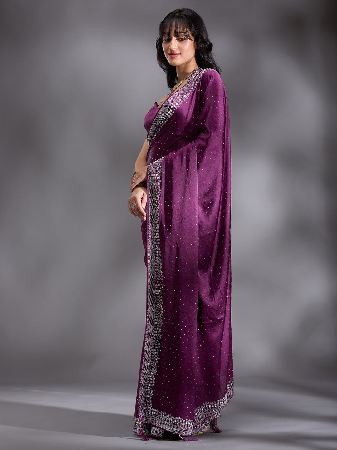 Purple Stonework (Silver) Satin Saree-Koskii