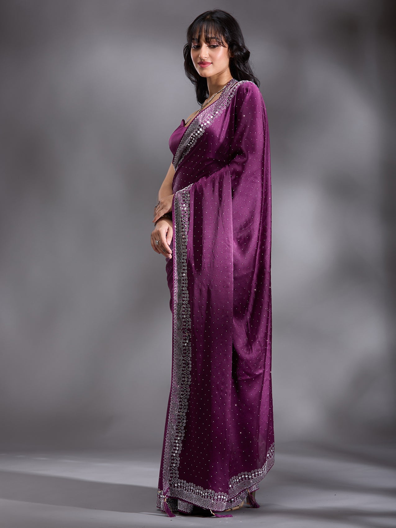 Purple Stonework (Silver) Satin Saree-Koskii
