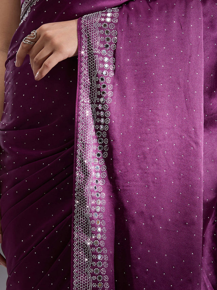 Purple Stonework (Silver) Satin Saree-Koskii
