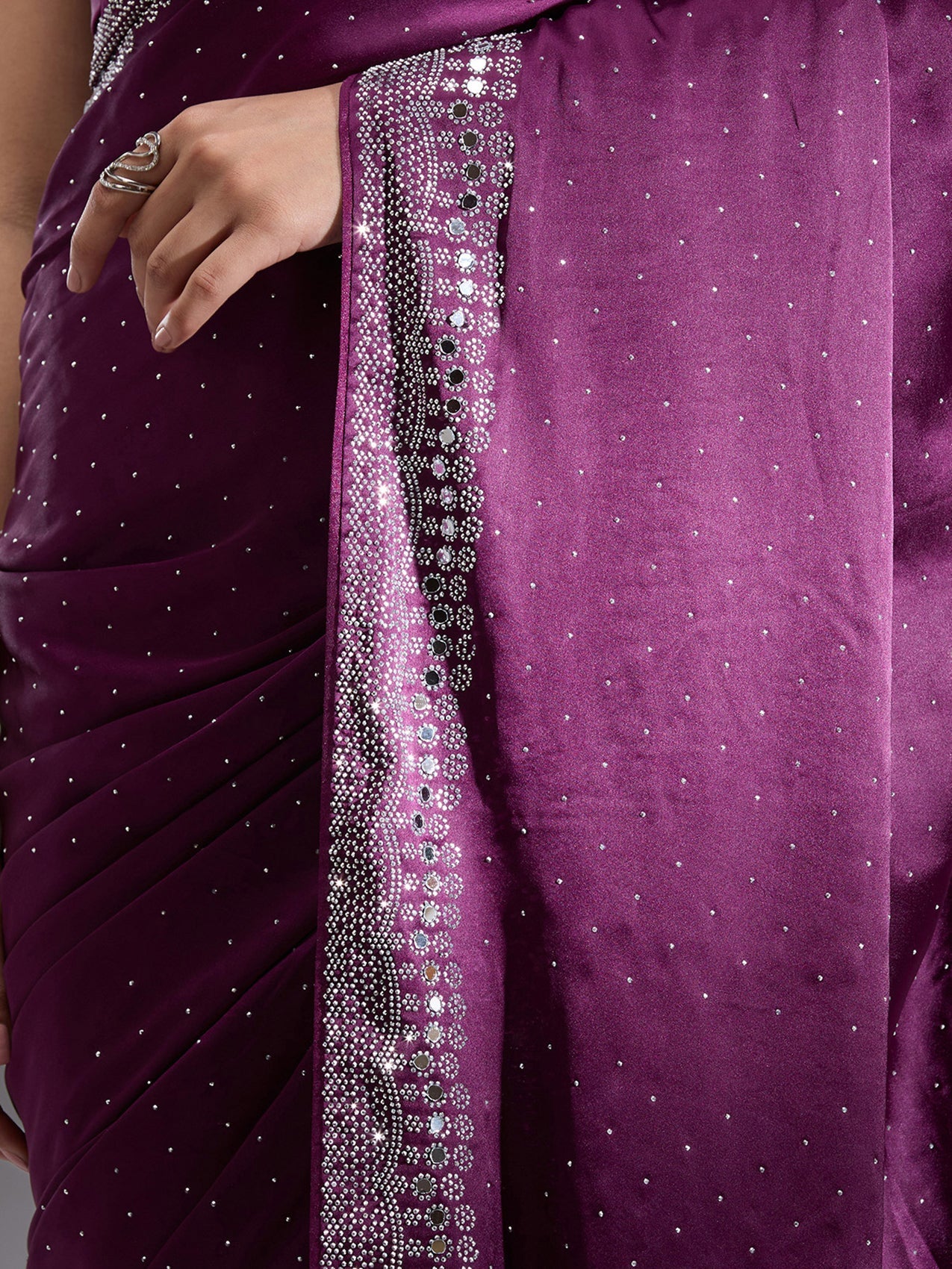 Purple Stonework (Silver) Satin Saree-Koskii