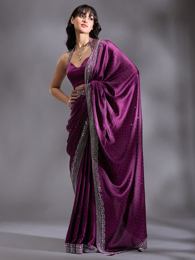 Purple Stonework (Silver) Satin Saree-Koskii