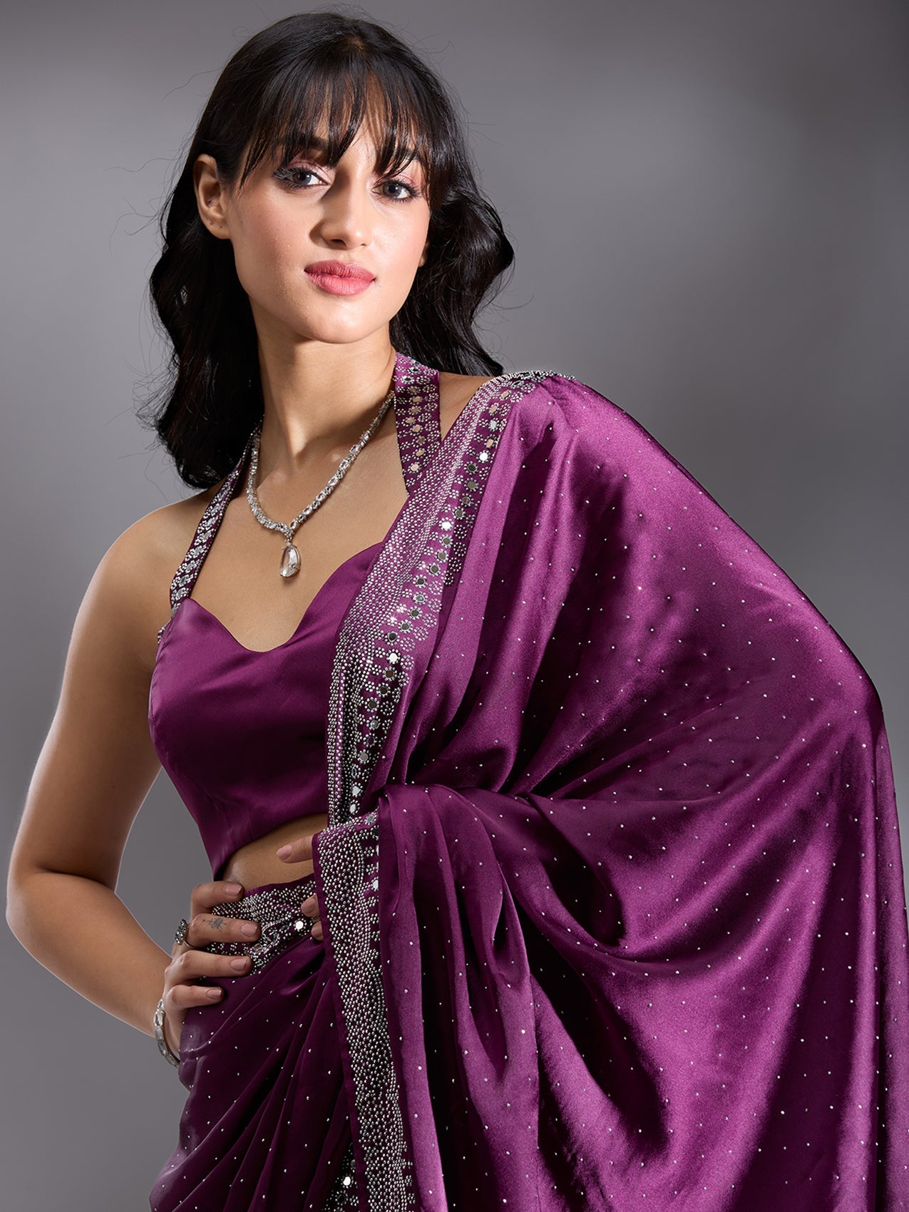 Purple Stonework (Silver) Satin Saree-Koskii