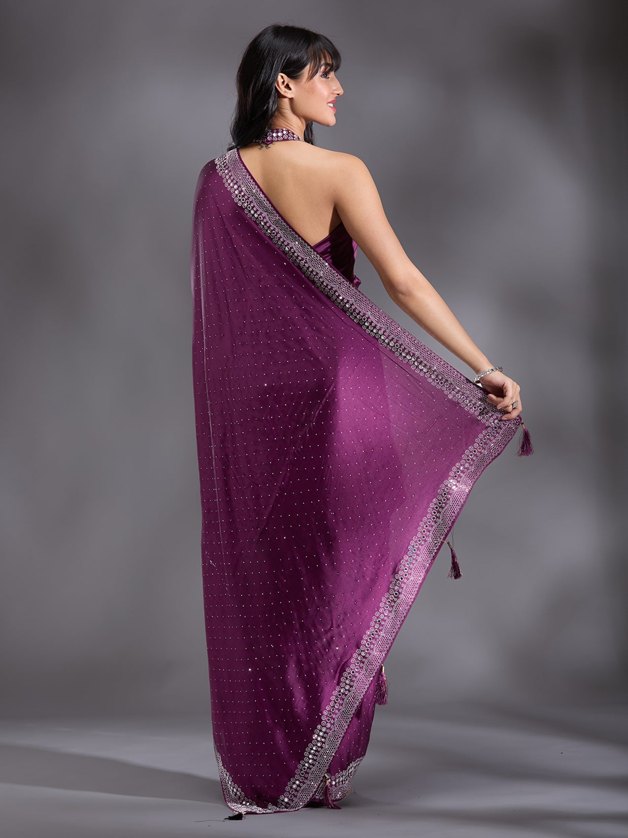Purple Stonework (Silver) Satin Saree-Koskii