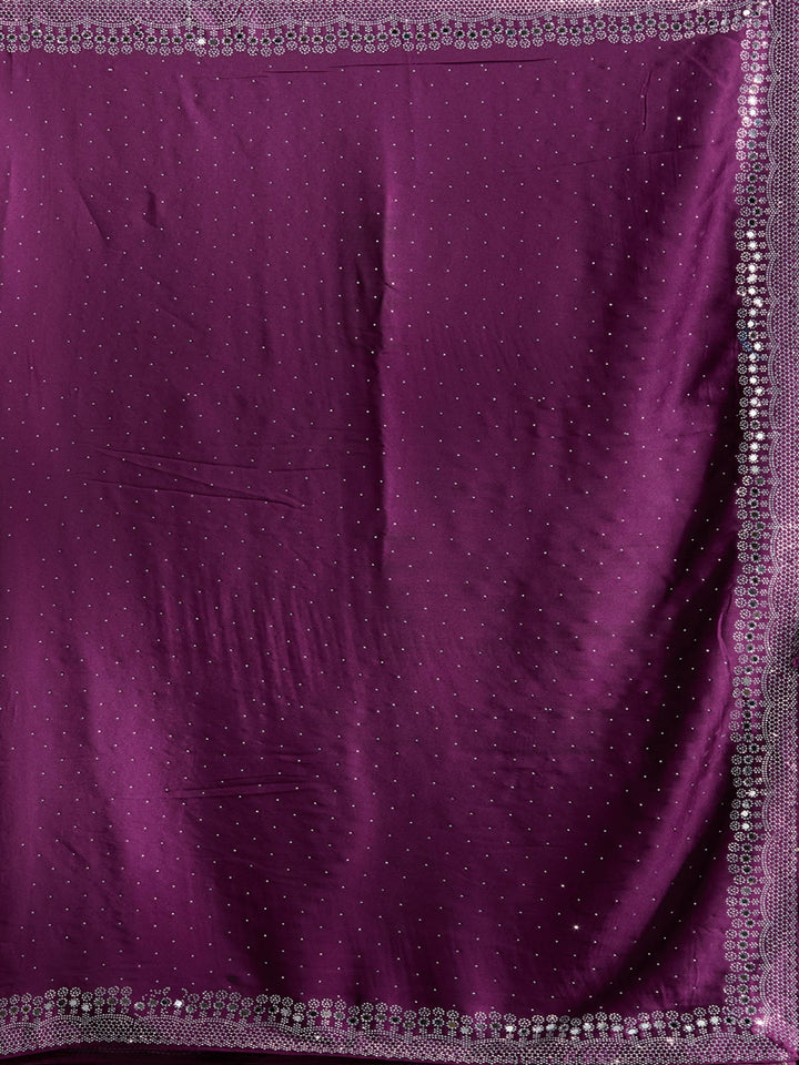 Purple Stonework (Silver) Satin Saree-Koskii