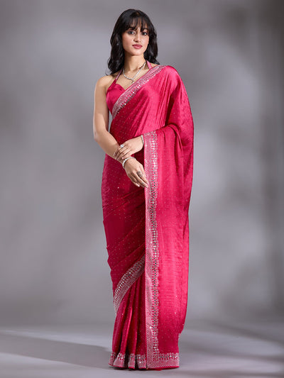 Rani Pink Stonework (Silver) Satin Saree-Koskii