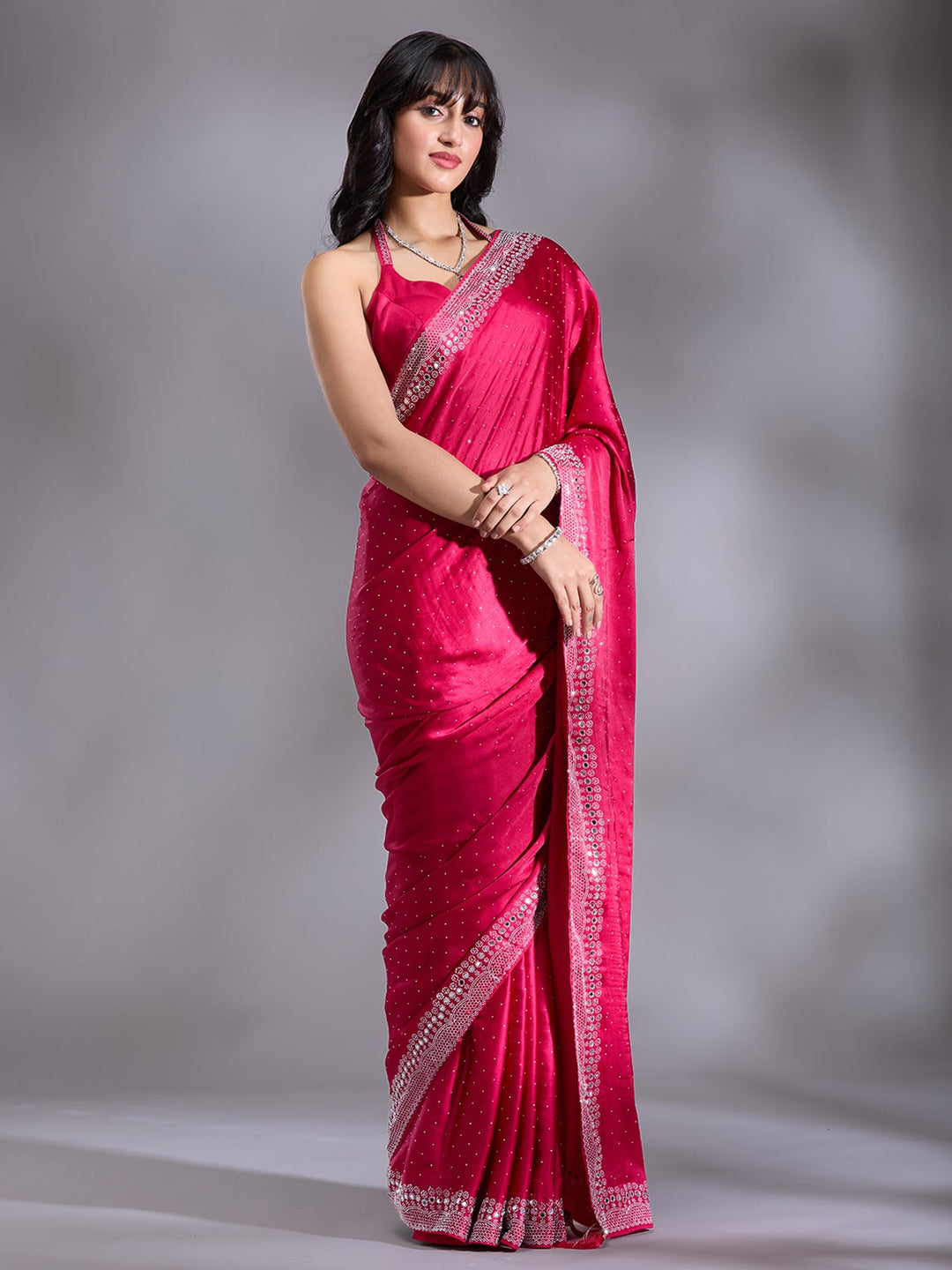 Rani Pink Stonework (Silver) Satin Saree-Koskii