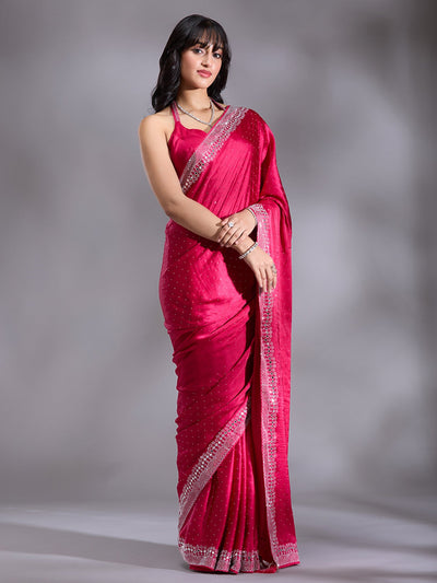 Rani Pink Stonework (Silver) Satin Saree-Koskii