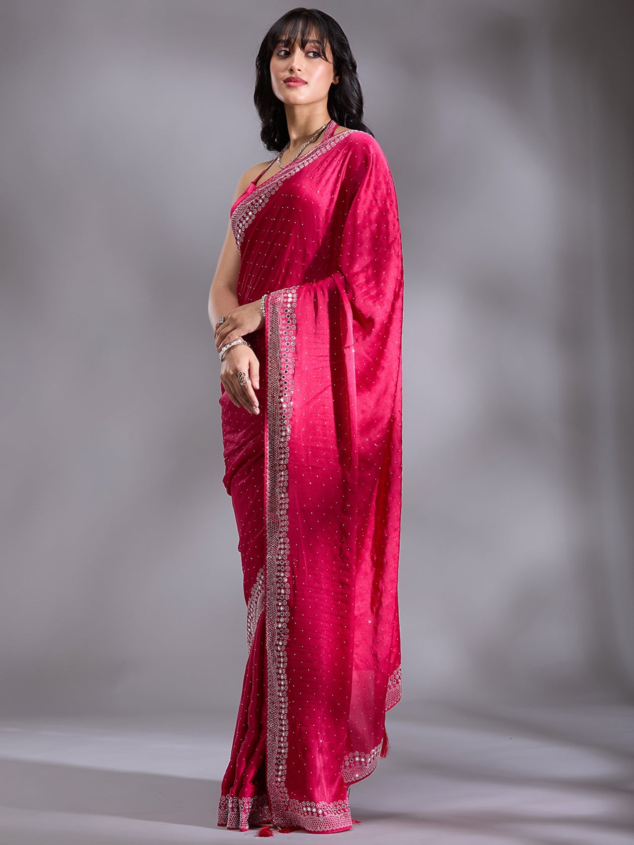 Rani Pink Stonework (Silver) Satin Saree-Koskii