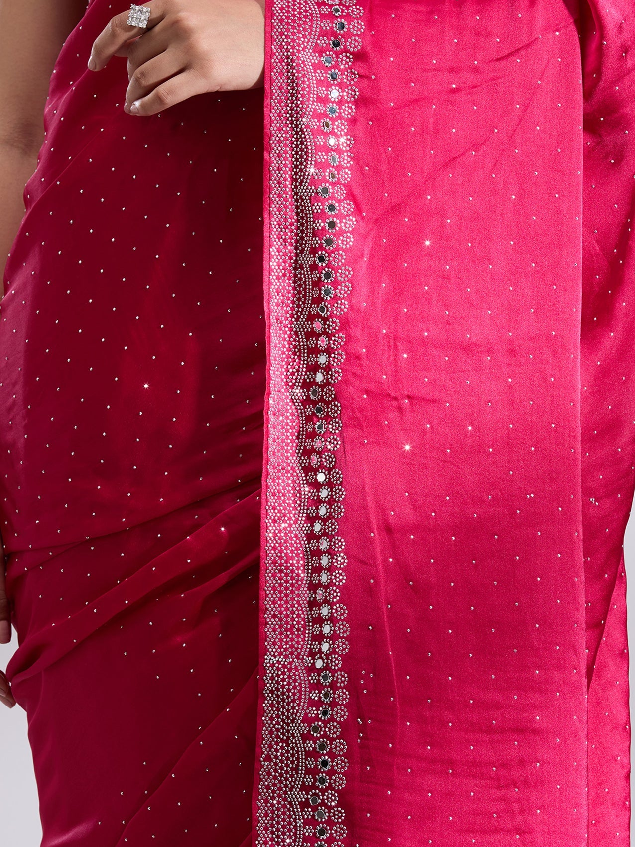 Rani Pink Stonework (Silver) Satin Saree-Koskii