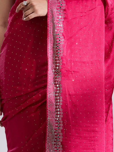 Rani Pink Stonework (Silver) Satin Saree-Koskii