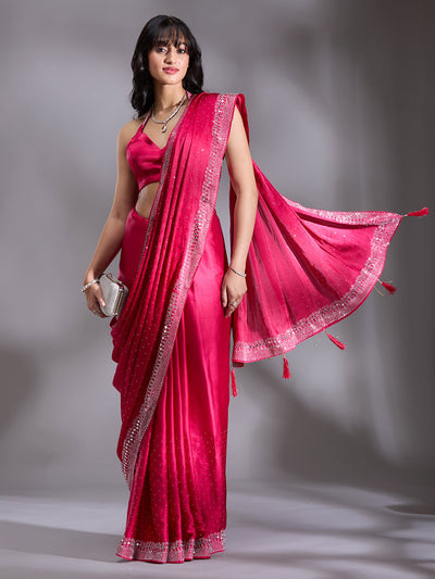 Rani Pink Stonework (Silver) Satin Saree-Koskii
