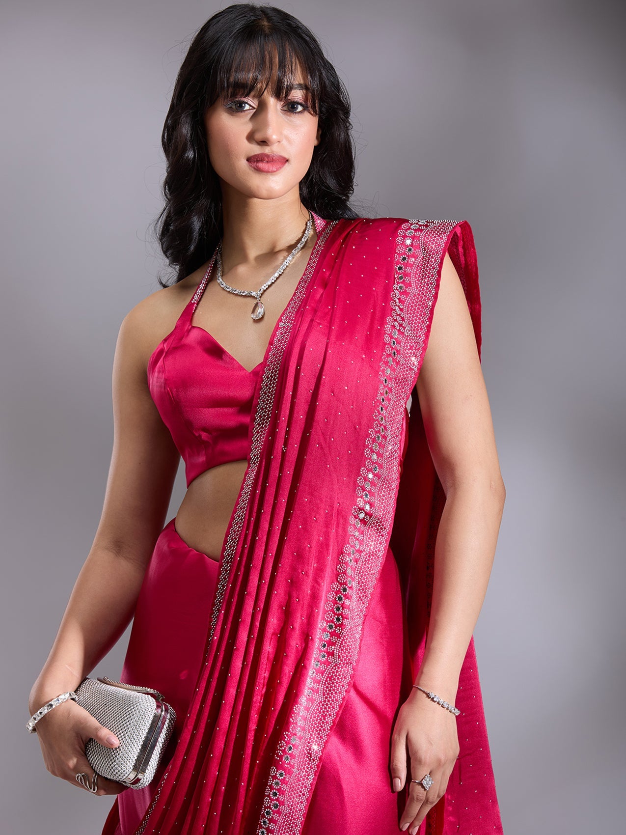 Rani Pink Stonework (Silver) Satin Saree-Koskii