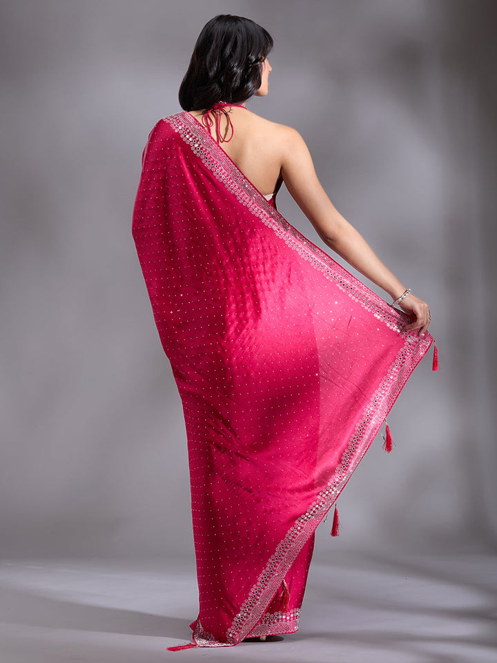 Rani Pink Stonework (Silver) Satin Saree-Koskii