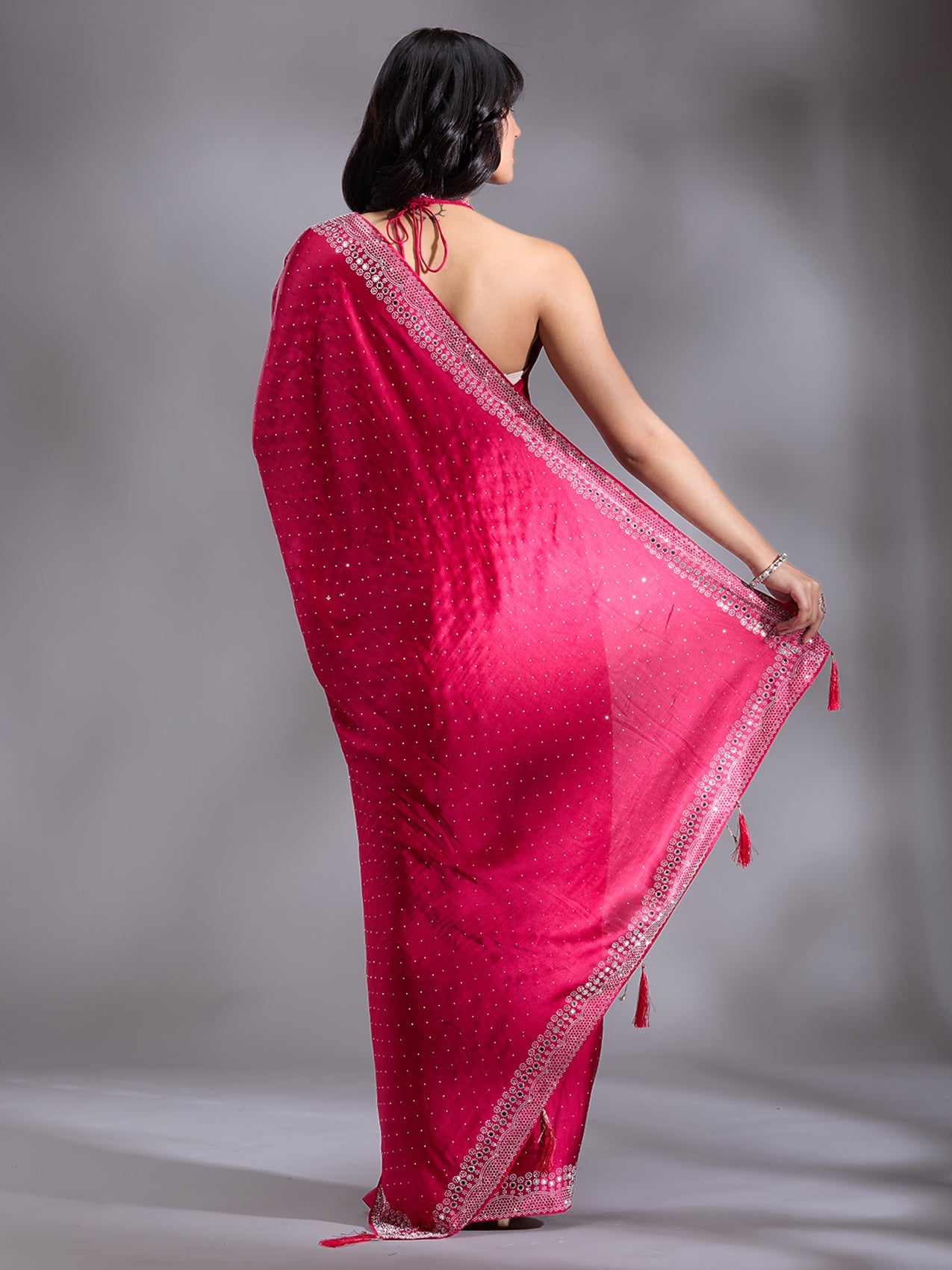 Rani Pink Stonework (Silver) Satin Saree-Koskii